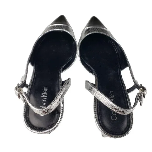 Calvin Klein Slingback Silver 2” Heels 9 Pointy Toe Worn Once Like New Condition - Picture 8 of 10